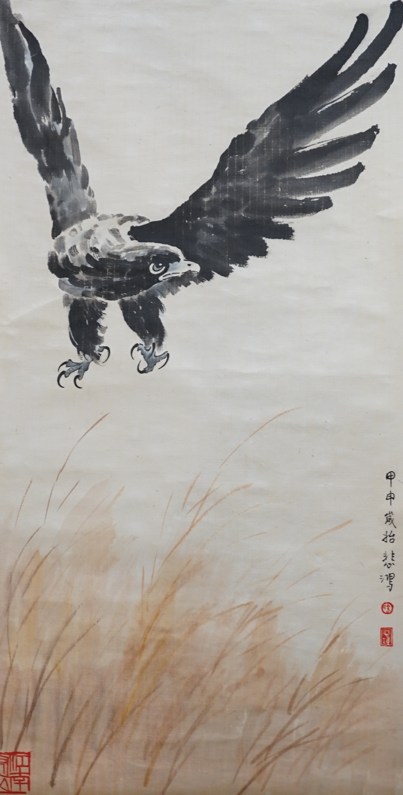 A Chinese scroll painting of a falcon, 163cm long. Condition - good